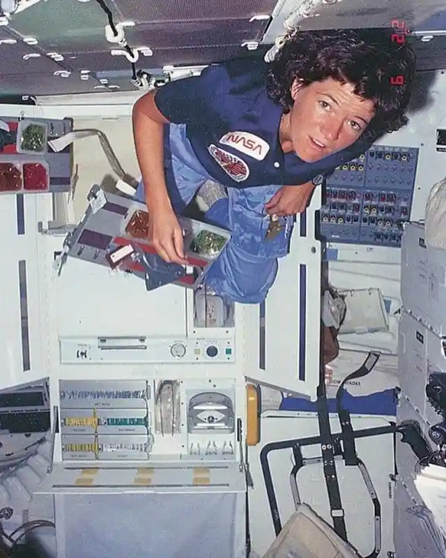 Sally Ride Floating in the Space Shuttle Challenger