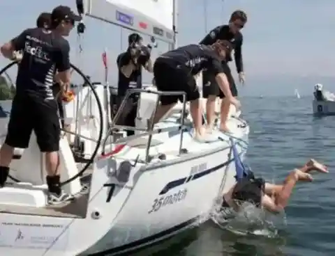 Guy wedgies himself on yacht